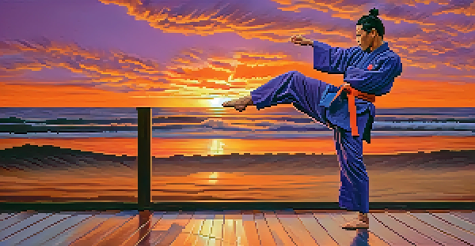 A martial artist performing a high kick in front of a sunset, with a dojo setting and a colorful gi.