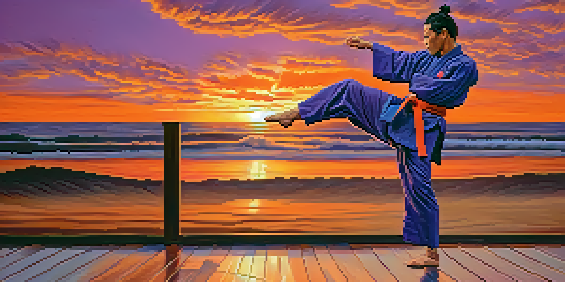 A martial artist performing a high kick in front of a sunset, with a dojo setting and a colorful gi.