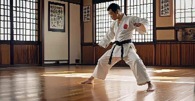 A martial artist practicing a high kick in a dojo, showing concentration and skill.
