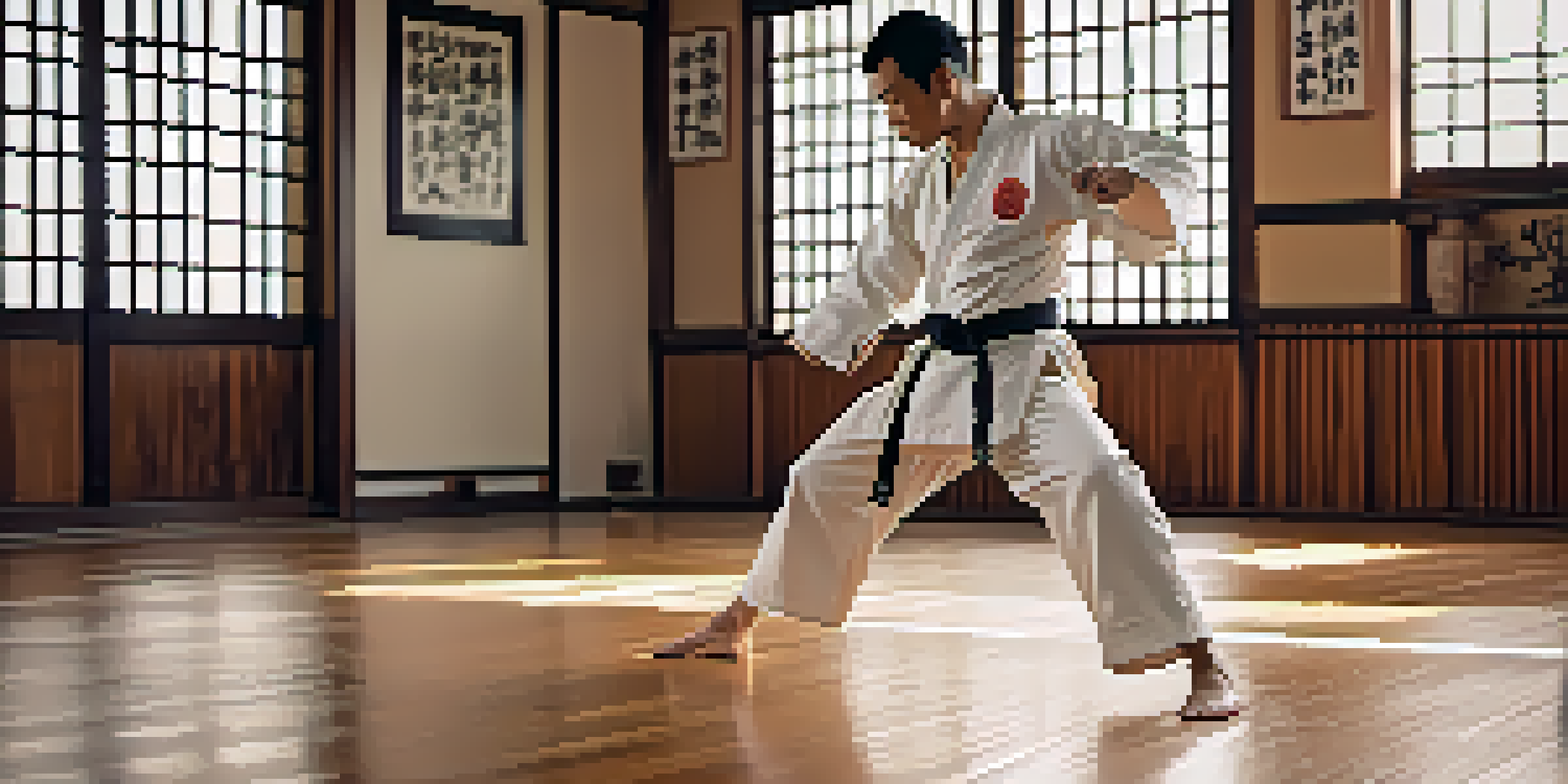 A martial artist practicing a high kick in a dojo, showing concentration and skill.
