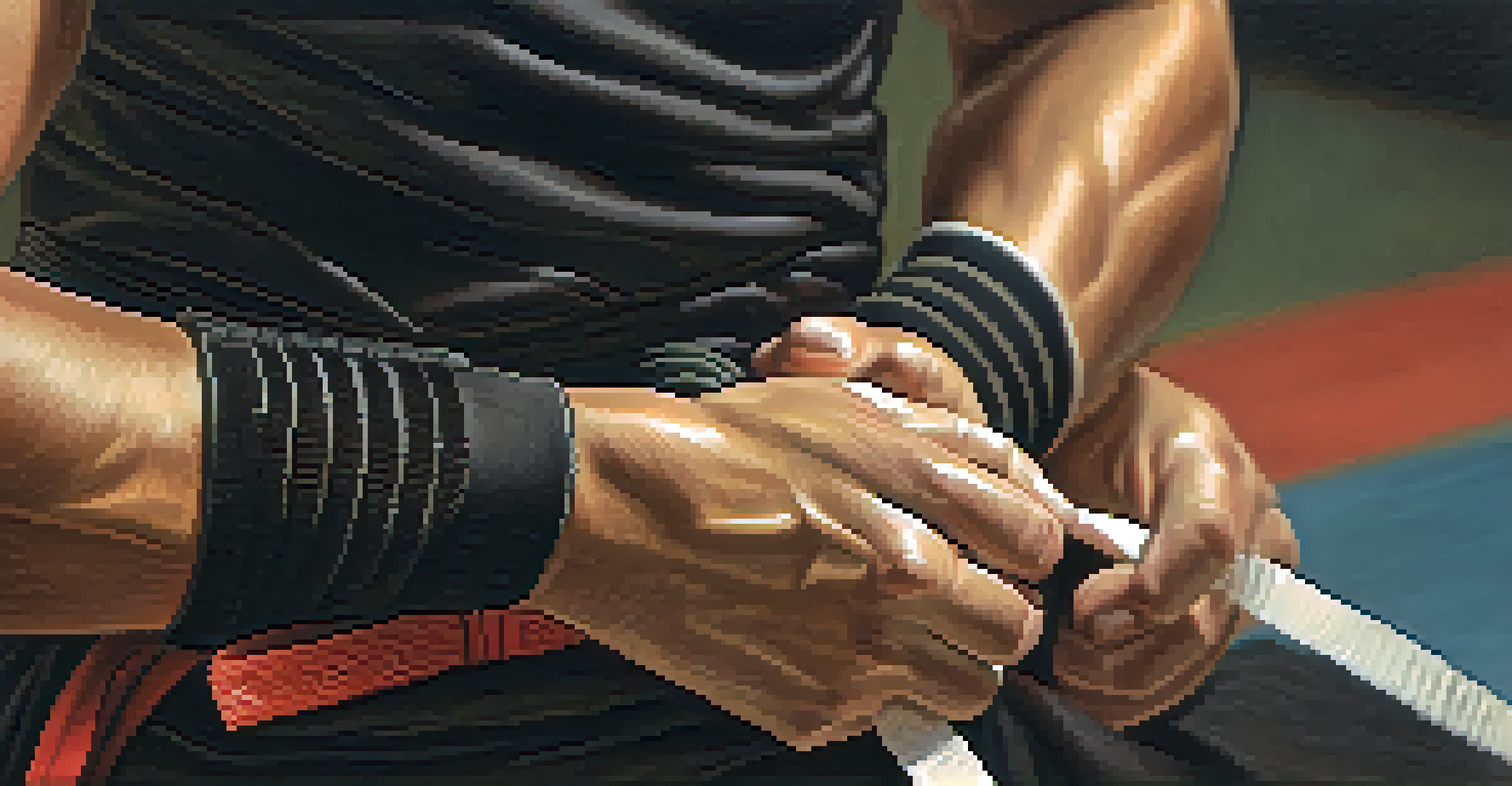 Close-up of a martial artist tying their belt, showcasing focus and dedication.