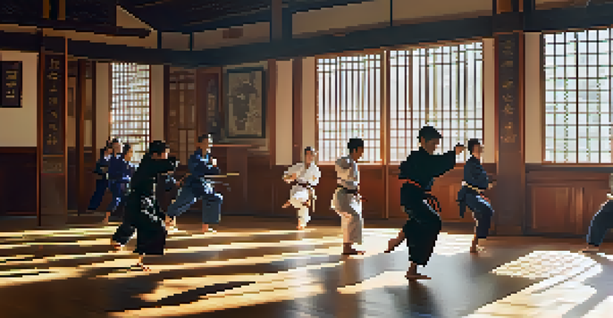 A bright and peaceful martial arts dojo with students practicing techniques, including one performing a high kick, surrounded by traditional symbols.