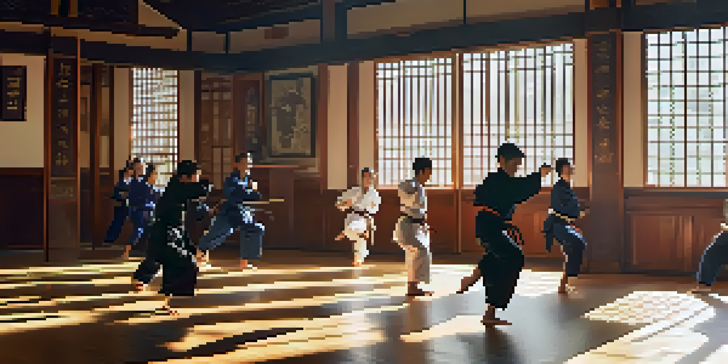 A bright and peaceful martial arts dojo with students practicing techniques, including one performing a high kick, surrounded by traditional symbols.