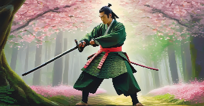 A samurai reenactor practicing sword techniques in a forest with cherry blossoms falling around him.