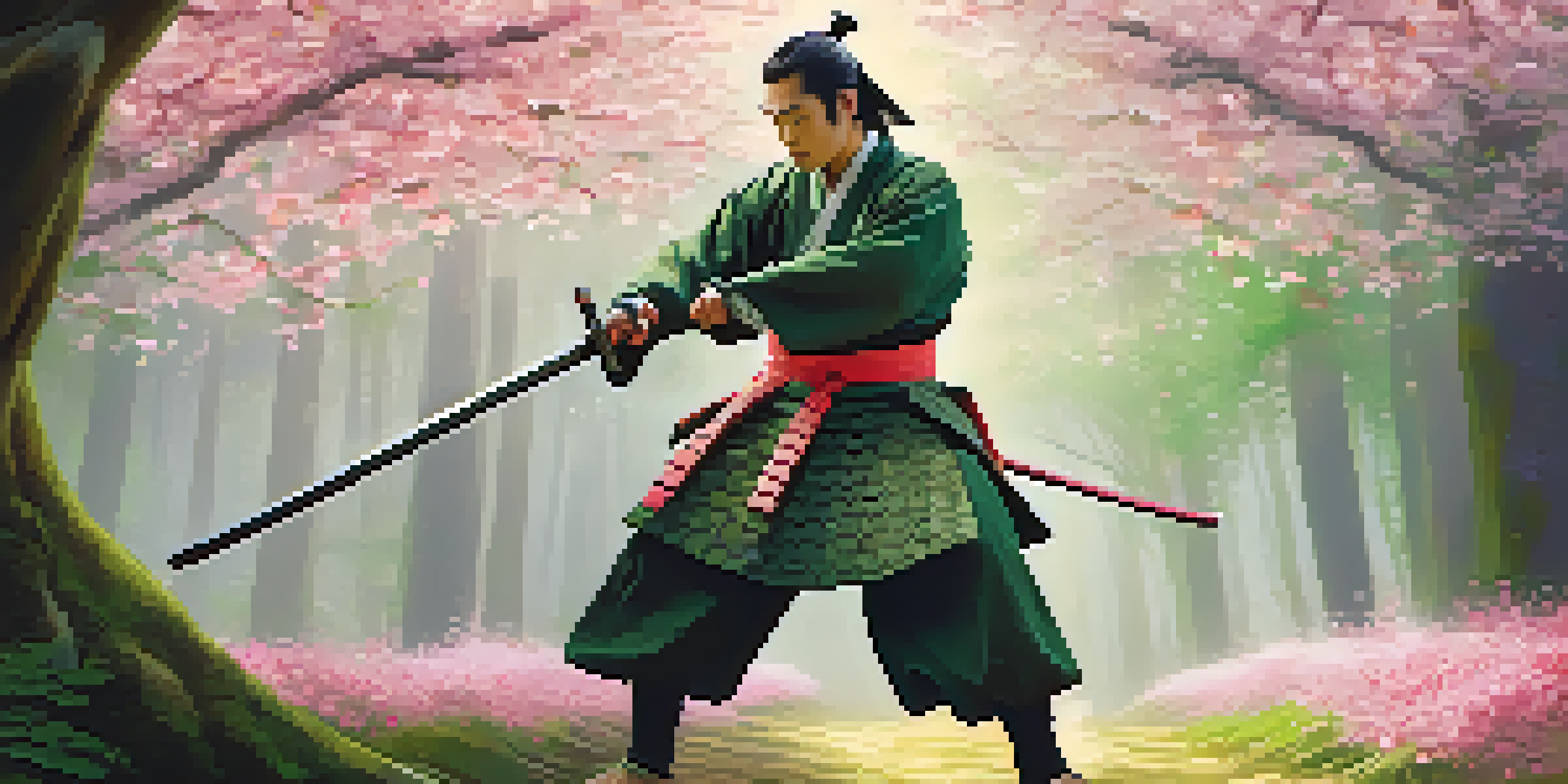A samurai reenactor practicing sword techniques in a forest with cherry blossoms falling around him.
