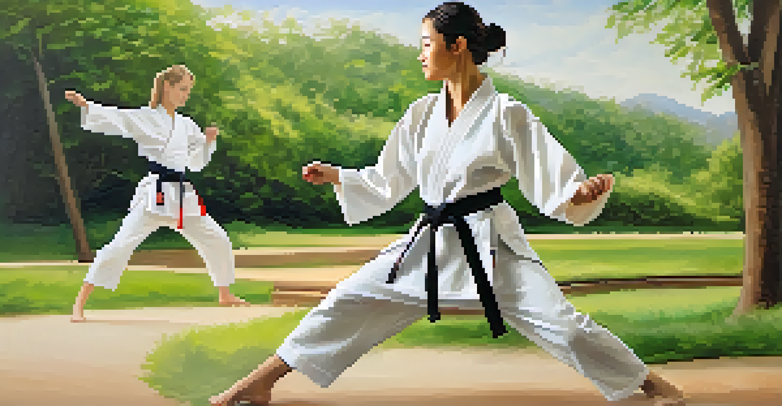 A female martial arts instructor demonstrating self-defense outdoors, inspiring young girls in a park setting.