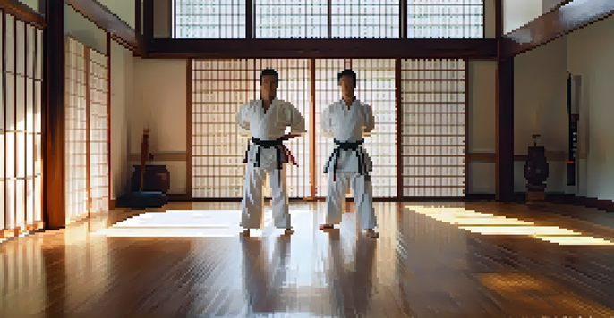 A martial artist in a white gi practicing kata in a serene dojo with soft morning light.