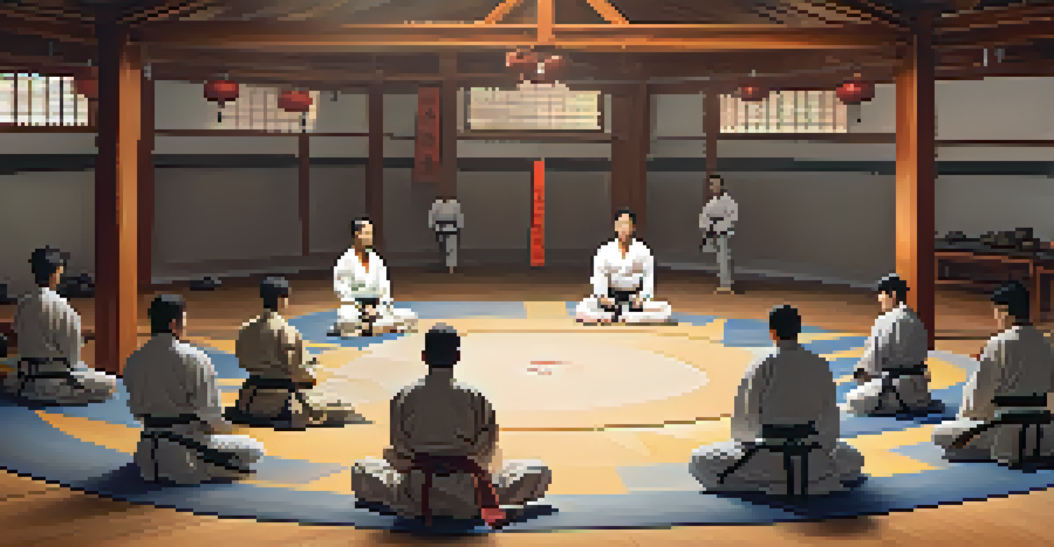 A group of martial artists in a circle, practicing mindfulness together in a dojo, creating a supportive environment.