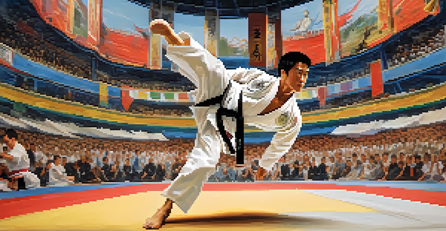 A martial artist performing a kick in mid-air during a tournament with an audience in the background.