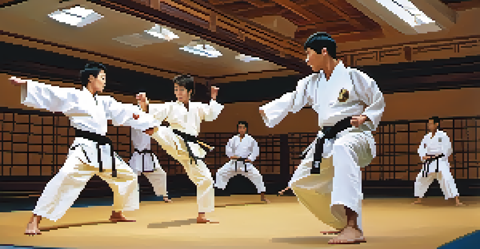 A group of stunt doubles training in a dojo, practicing fight choreography with focus and teamwork.