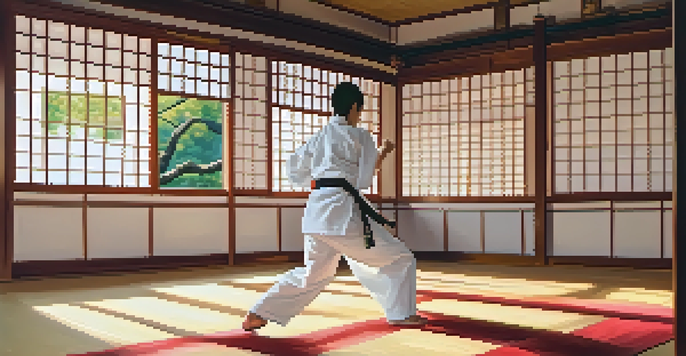 A young karate practitioner performing a high kick in a sunlit dojo with tatami mats and cherry blossoms visible outside.
