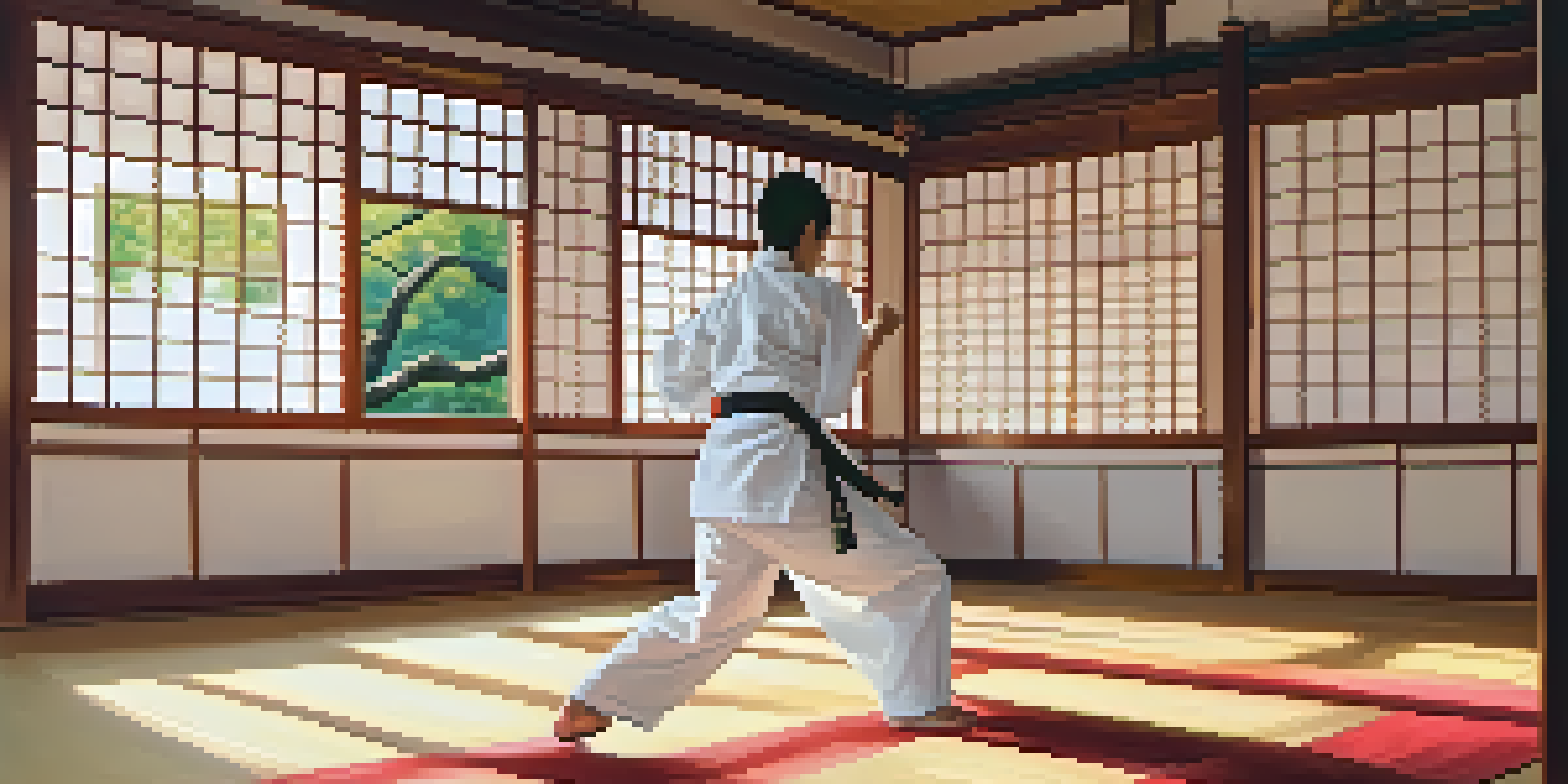 A young karate practitioner performing a high kick in a sunlit dojo with tatami mats and cherry blossoms visible outside.