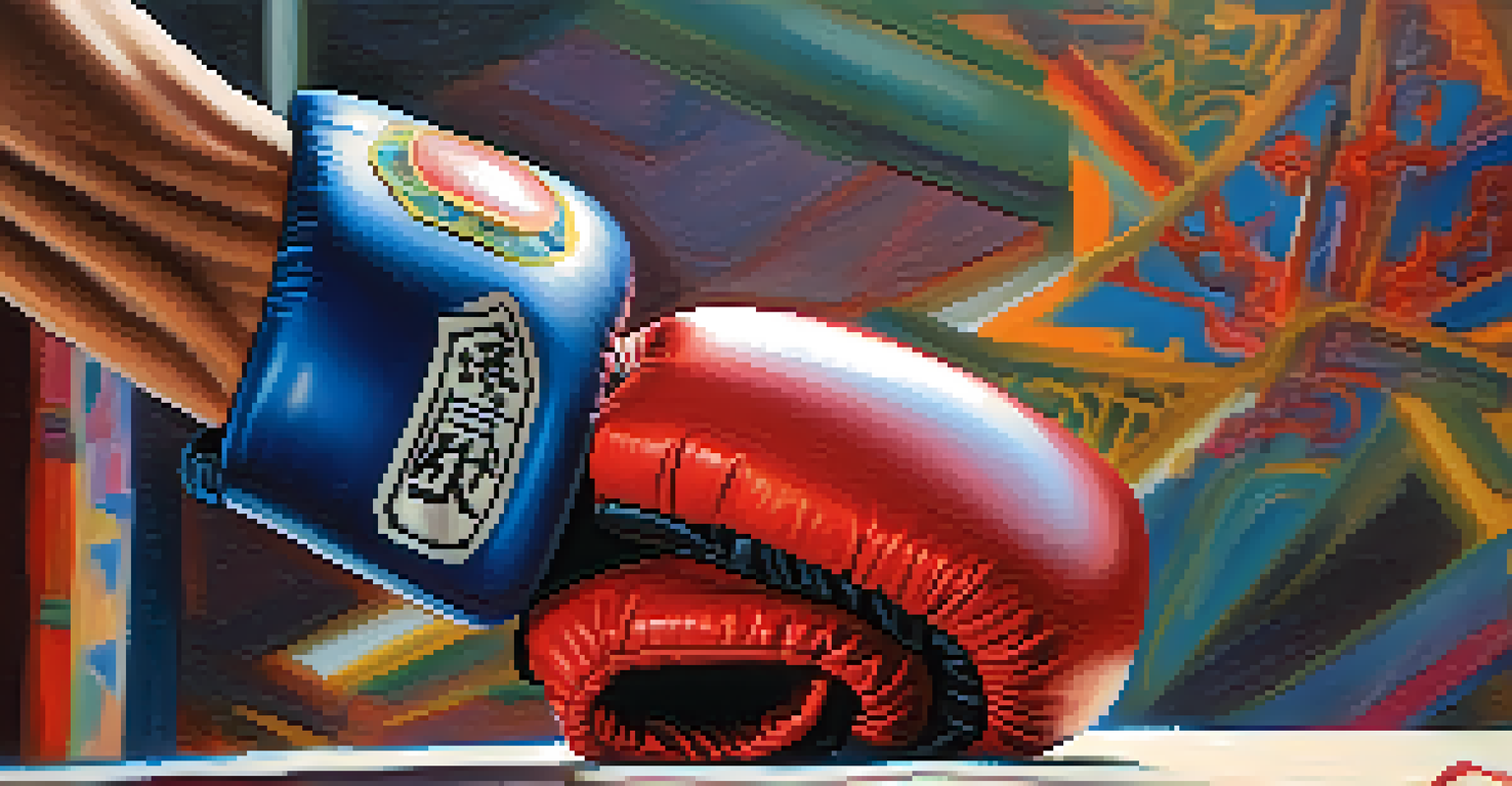 Close-up of a martial artist's hands in training gloves, showing focus and determination.