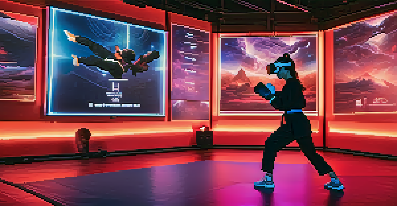 A young woman wearing a VR headset and gloves practicing martial arts in a colorful virtual environment, with LED lights in the background.