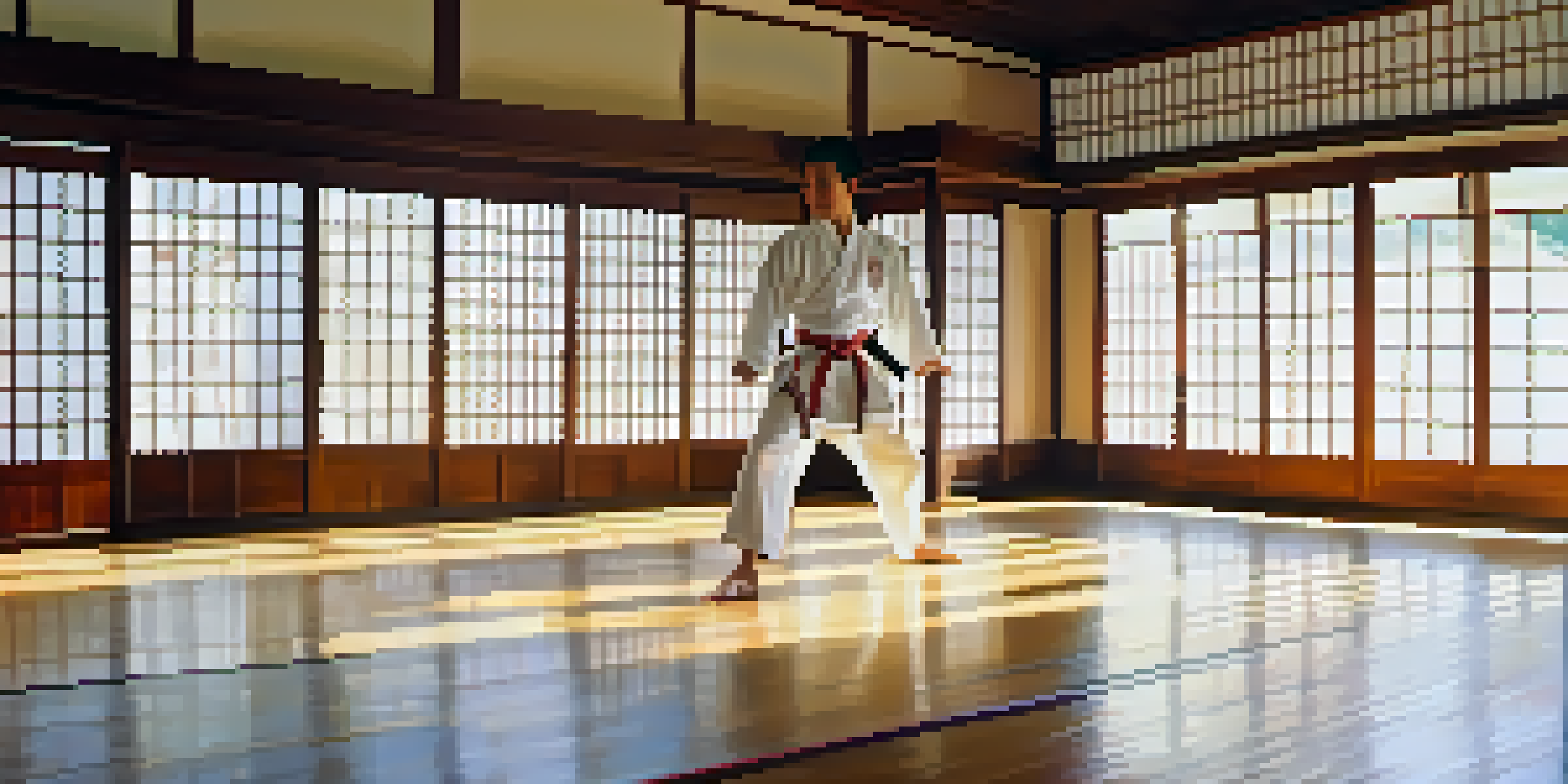 A martial arts practitioner in a white uniform performing a kata in a calm dojo with wooden floors and soft morning light.