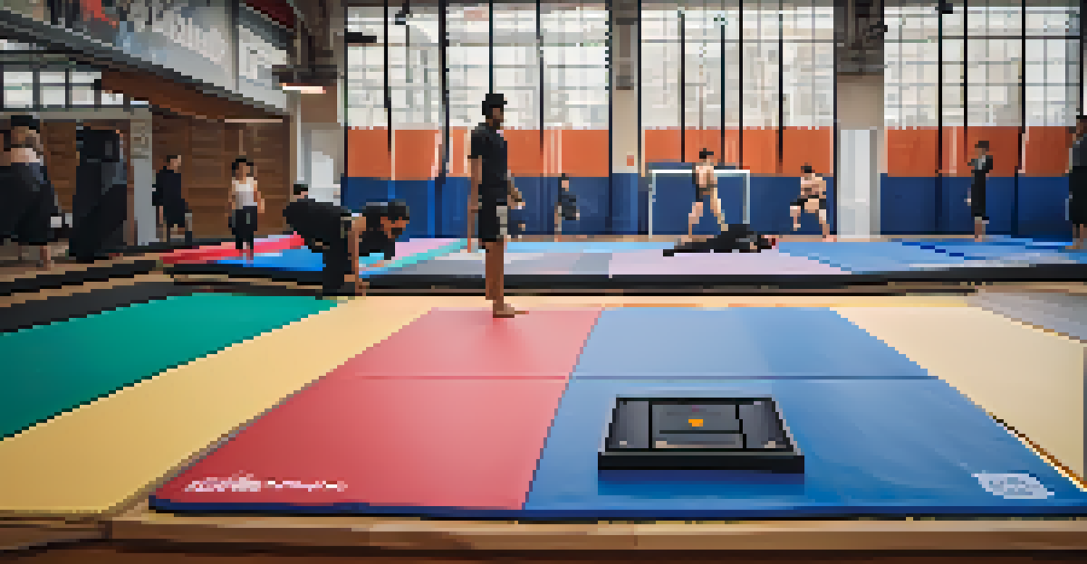 A smart training mat with sensors showing real-time data on a screen, set against a blurred background of students practicing martial arts.
