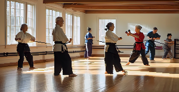 A peaceful martial arts class for seniors, with instructors guiding older adults in gentle movements in a bright studio.