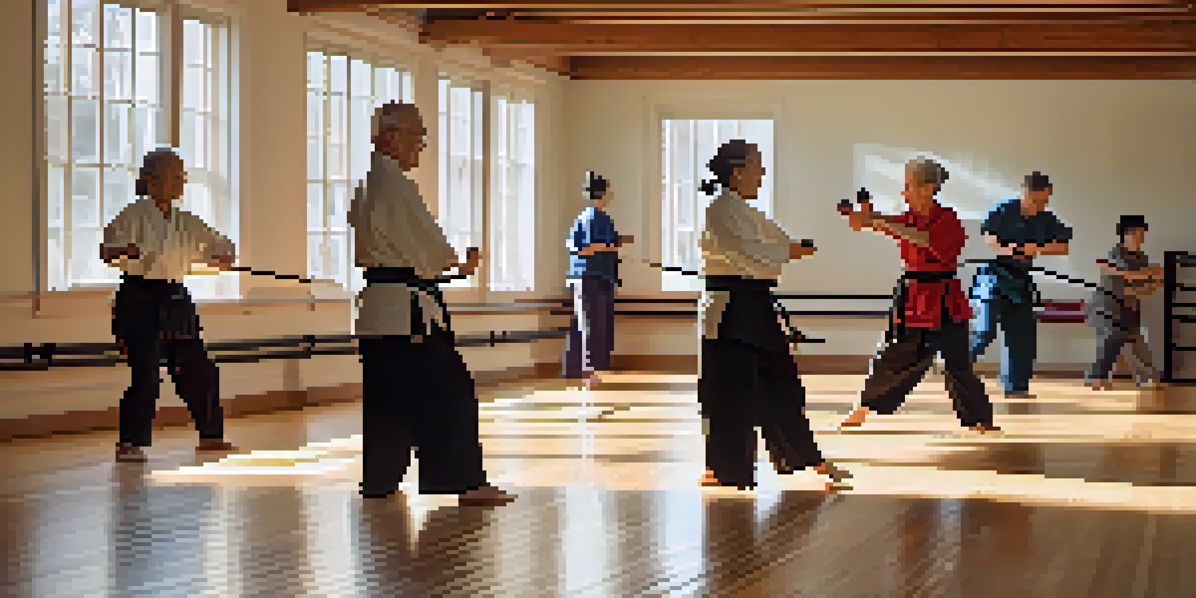 A peaceful martial arts class for seniors, with instructors guiding older adults in gentle movements in a bright studio.