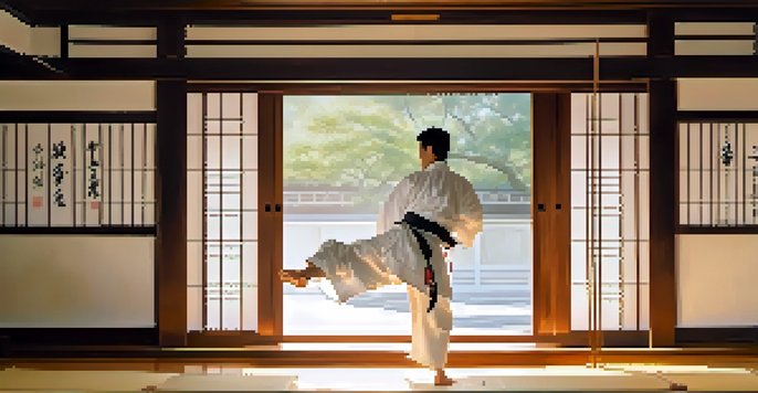 A martial artist performing a kata in a tranquil dojo, with sunlight filtering through the windows and traditional decor.