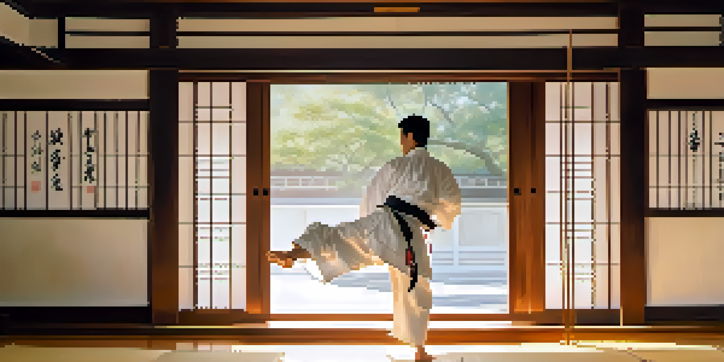 A martial artist performing a kata in a tranquil dojo, with sunlight filtering through the windows and traditional decor.