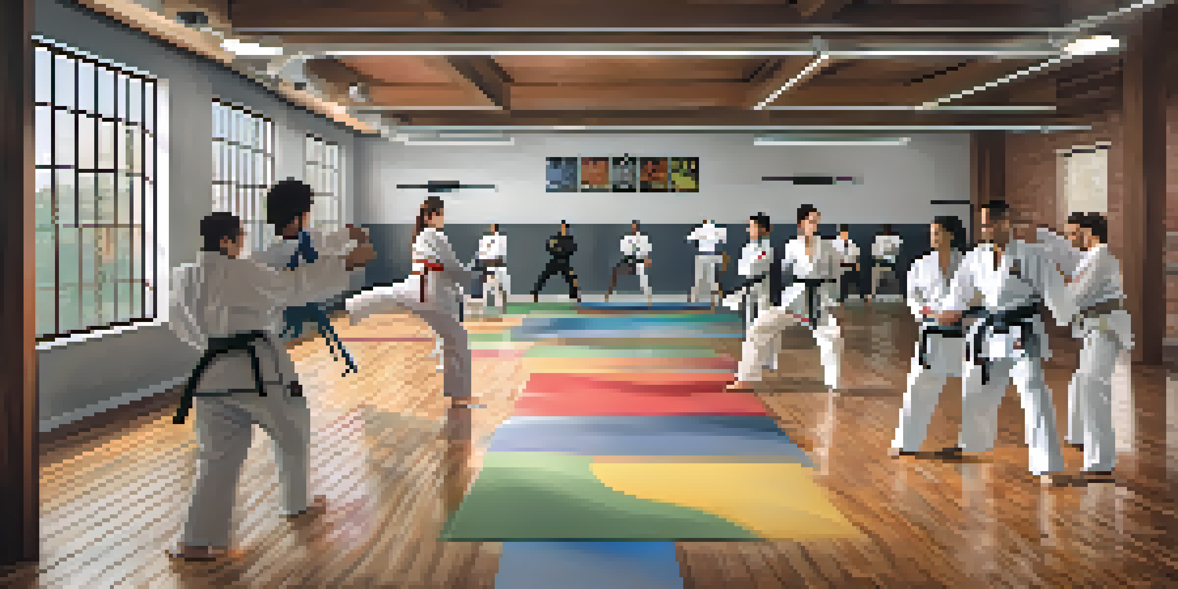 A group of diverse individuals sparring in a Brazilian Jiu-Jitsu training studio with natural light coming through large windows.