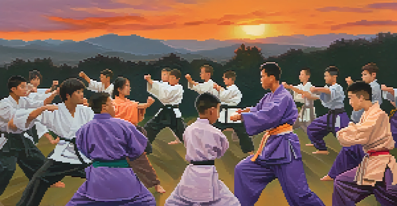 A diverse group of martial arts students practicing outdoors at sunset, showcasing unity and focus.