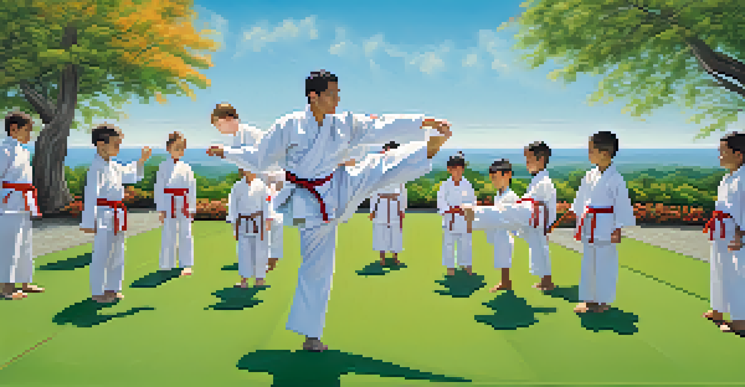 An instructor teaches martial arts to young students outdoors, highlighting focus and community spirit.