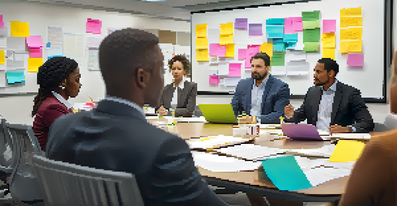 A diverse team of professionals in an office setting engaged in a collaborative discussion with a leader at the front.