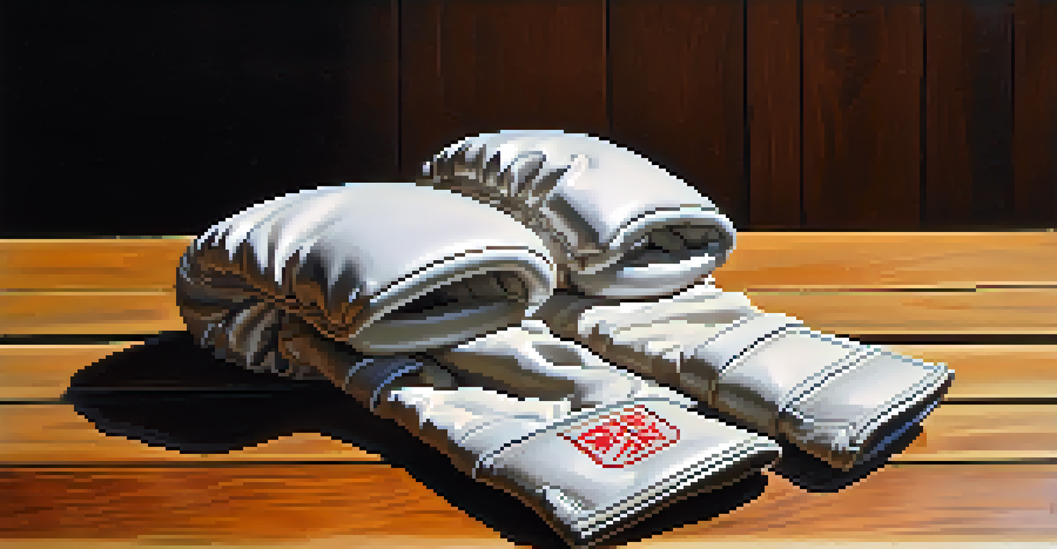 Close-up of worn martial arts gloves on a wooden bench with a mat in the background.