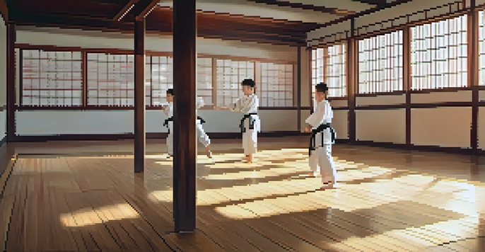 A peaceful martial arts training environment with students practicing their techniques in a well-lit dojo.