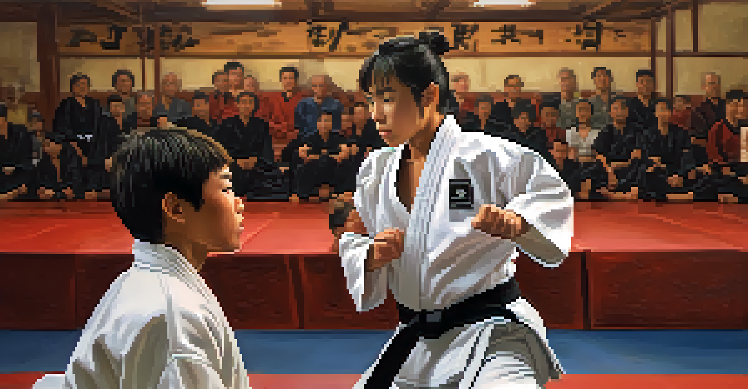 Two martial arts practitioners sparring in a dojo, showcasing trust and concentration in their expressions, highlighting teamwork.