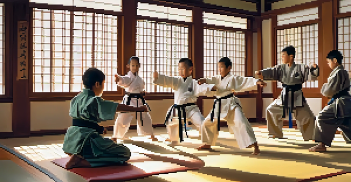 A family practicing martial arts in a dojo, with joyful expressions and traditional uniforms, illuminated by sunlight.