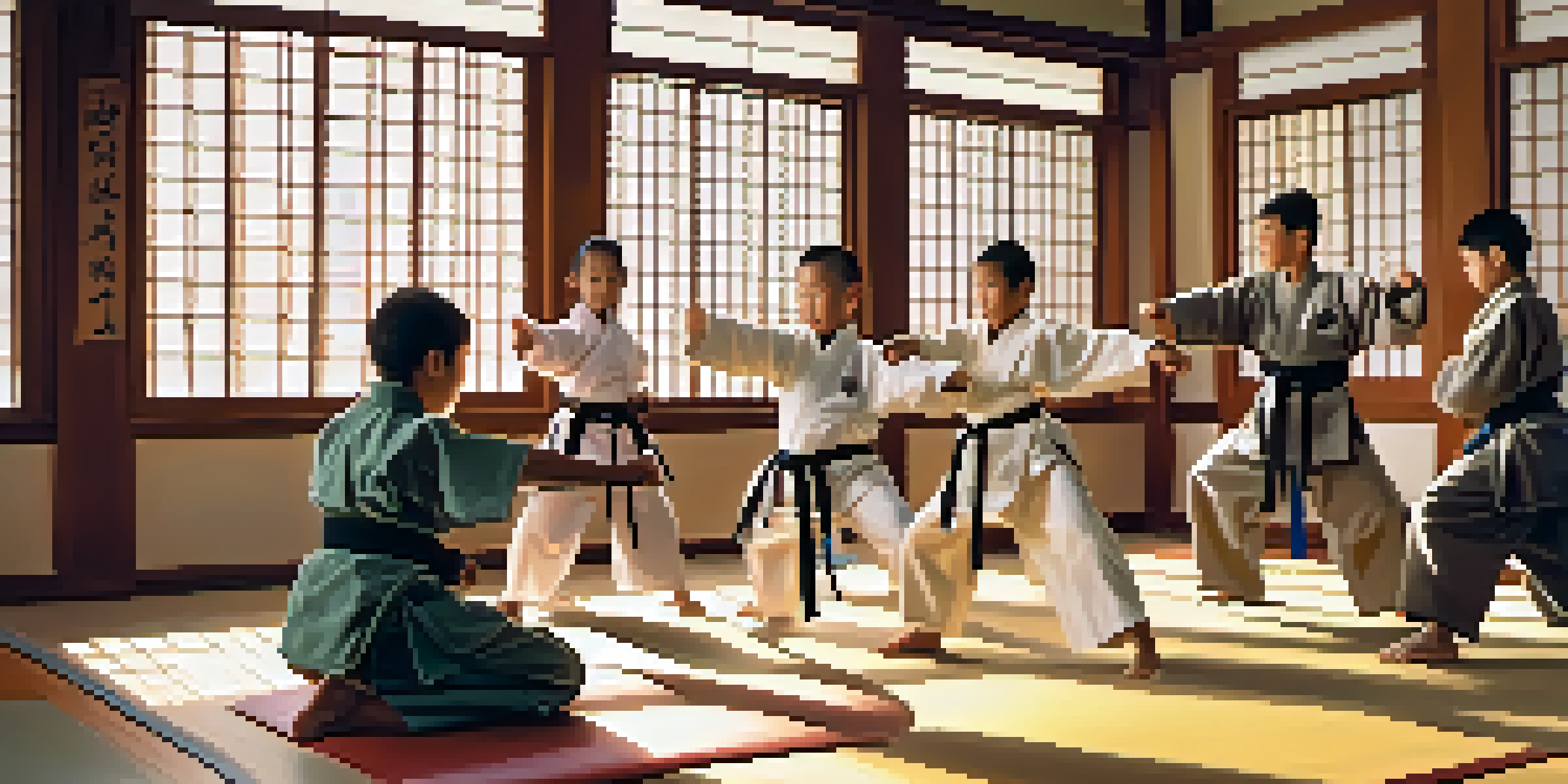 A family practicing martial arts in a dojo, with joyful expressions and traditional uniforms, illuminated by sunlight.