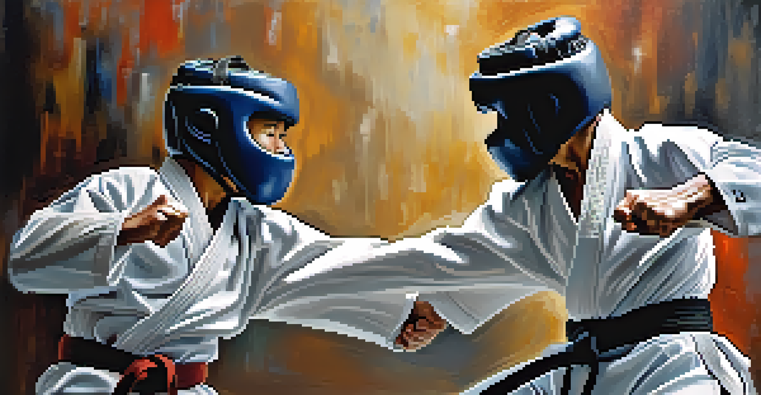A close-up of two martial artists sparring, showcasing their intense expressions and protective gear in motion.