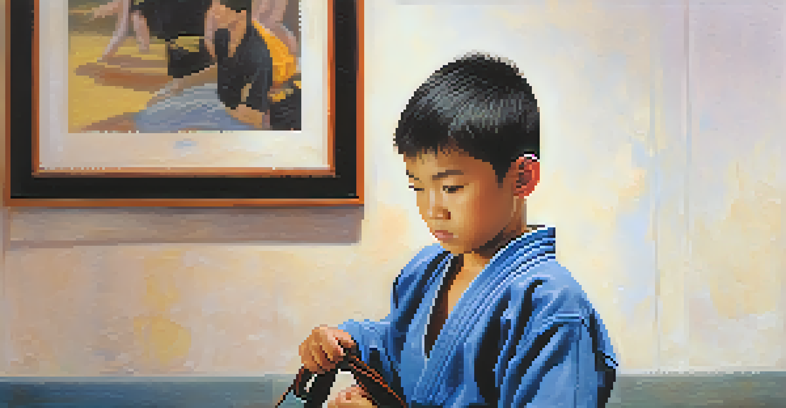 A young martial artist concentrating while tying their belt, with a blurred background highlighting the details of the belt and the practitioner's focused expression.