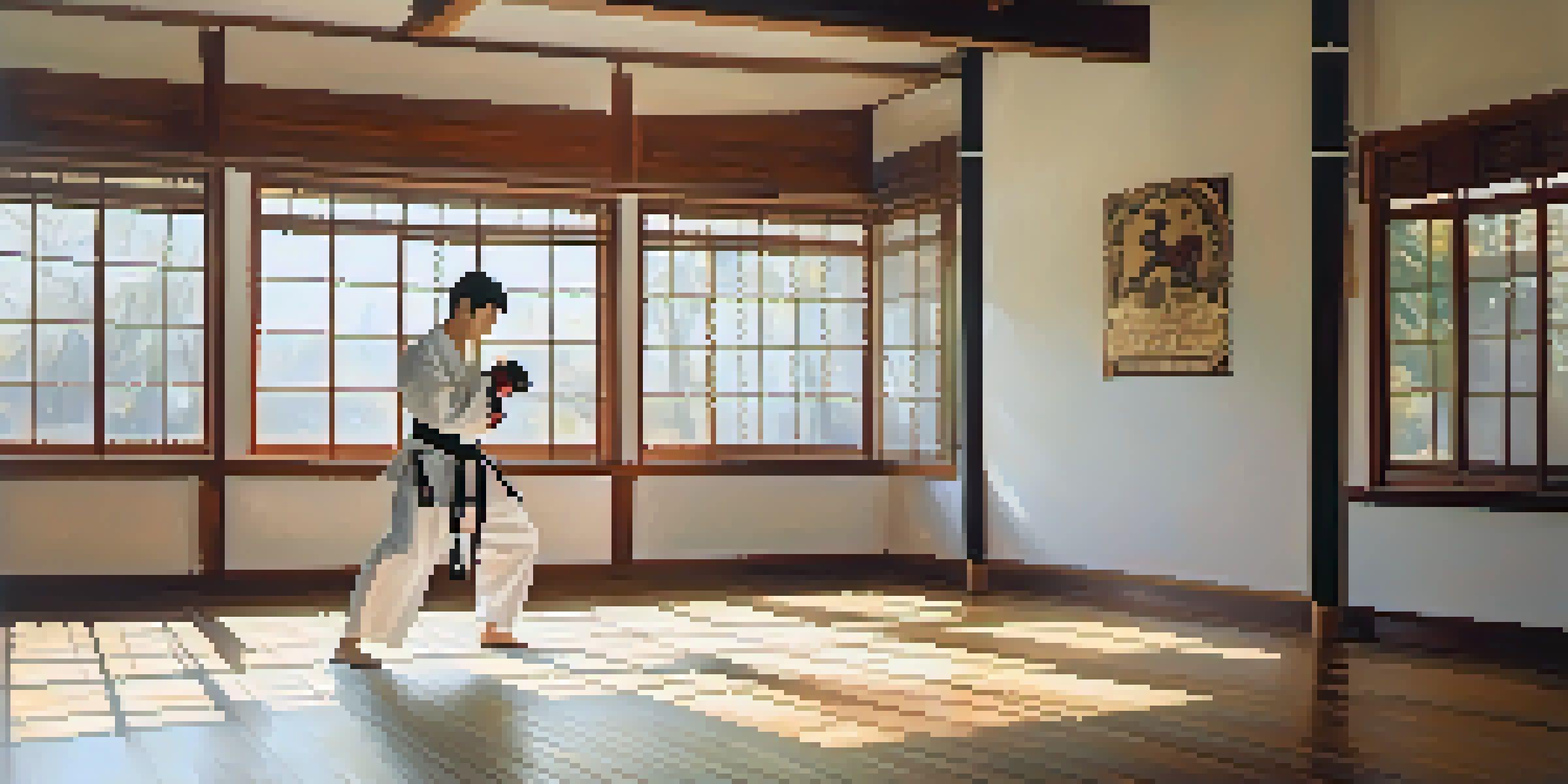 A martial artist practicing a high kick in a tranquil training studio with wooden floors and sunlight coming through the windows.