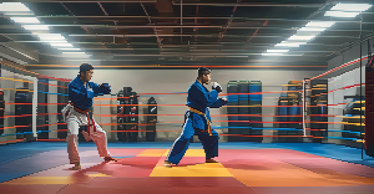 Two martial artists sparring energetically in a colorful training facility, showcasing teamwork and focus.