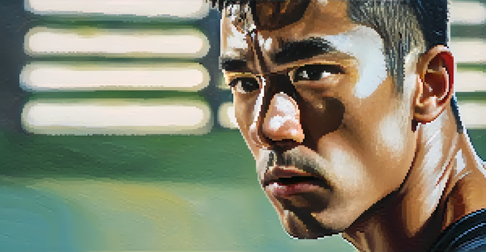 Close-up of a martial artist concentrating, with sweat on their forehead and training gear in the blurred background.