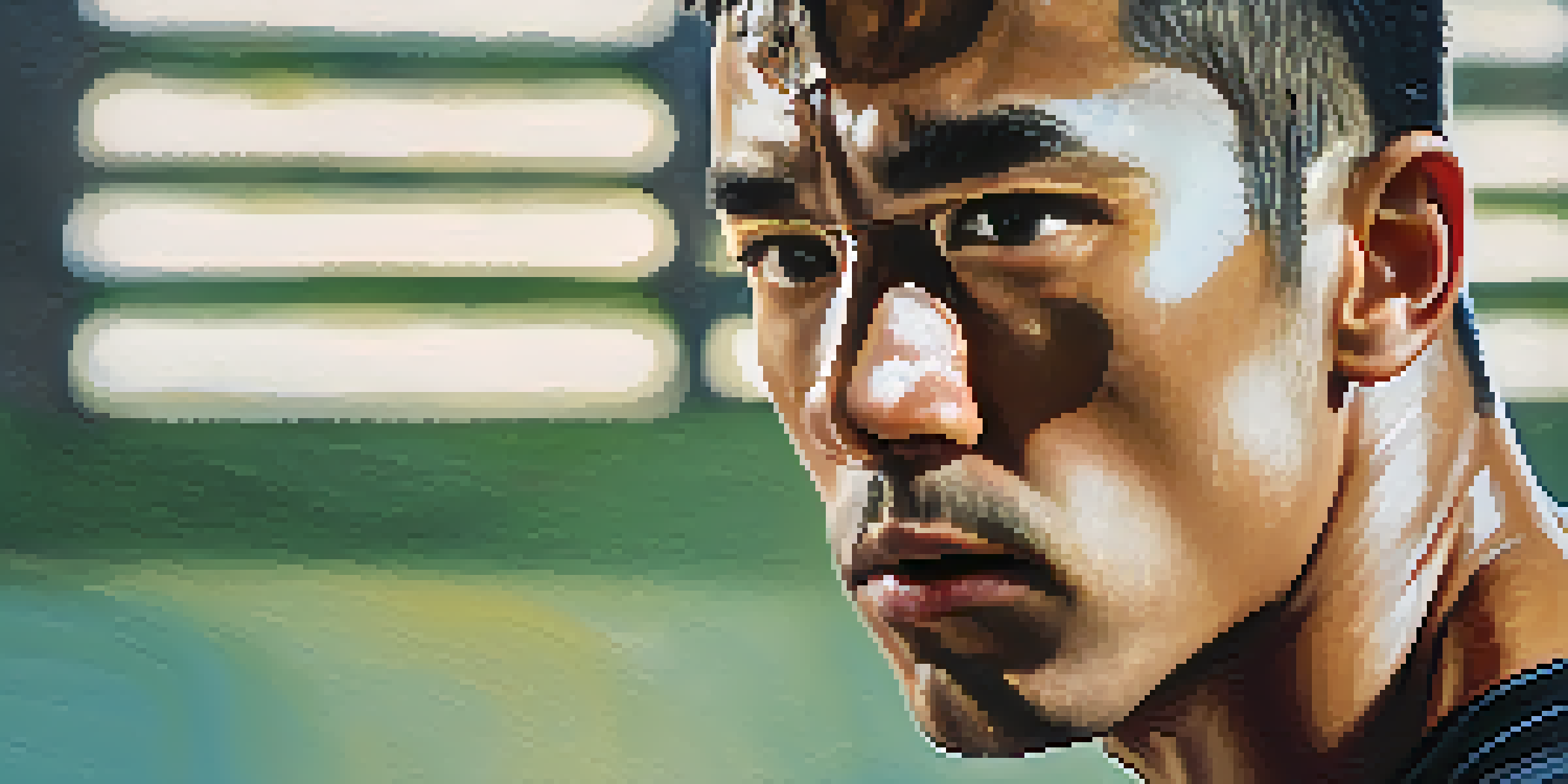 Close-up of a martial artist concentrating, with sweat on their forehead and training gear in the blurred background.