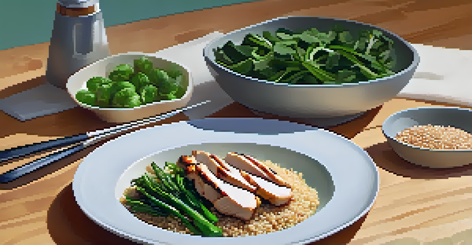 A colorful array of healthy meal ingredients including grilled chicken, vegetables, and quinoa on a cutting board in a bright kitchen.