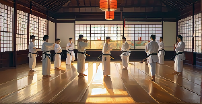 A peaceful martial arts dojo with practitioners practicing forms at sunset, surrounded by calligraphy and memorabilia.