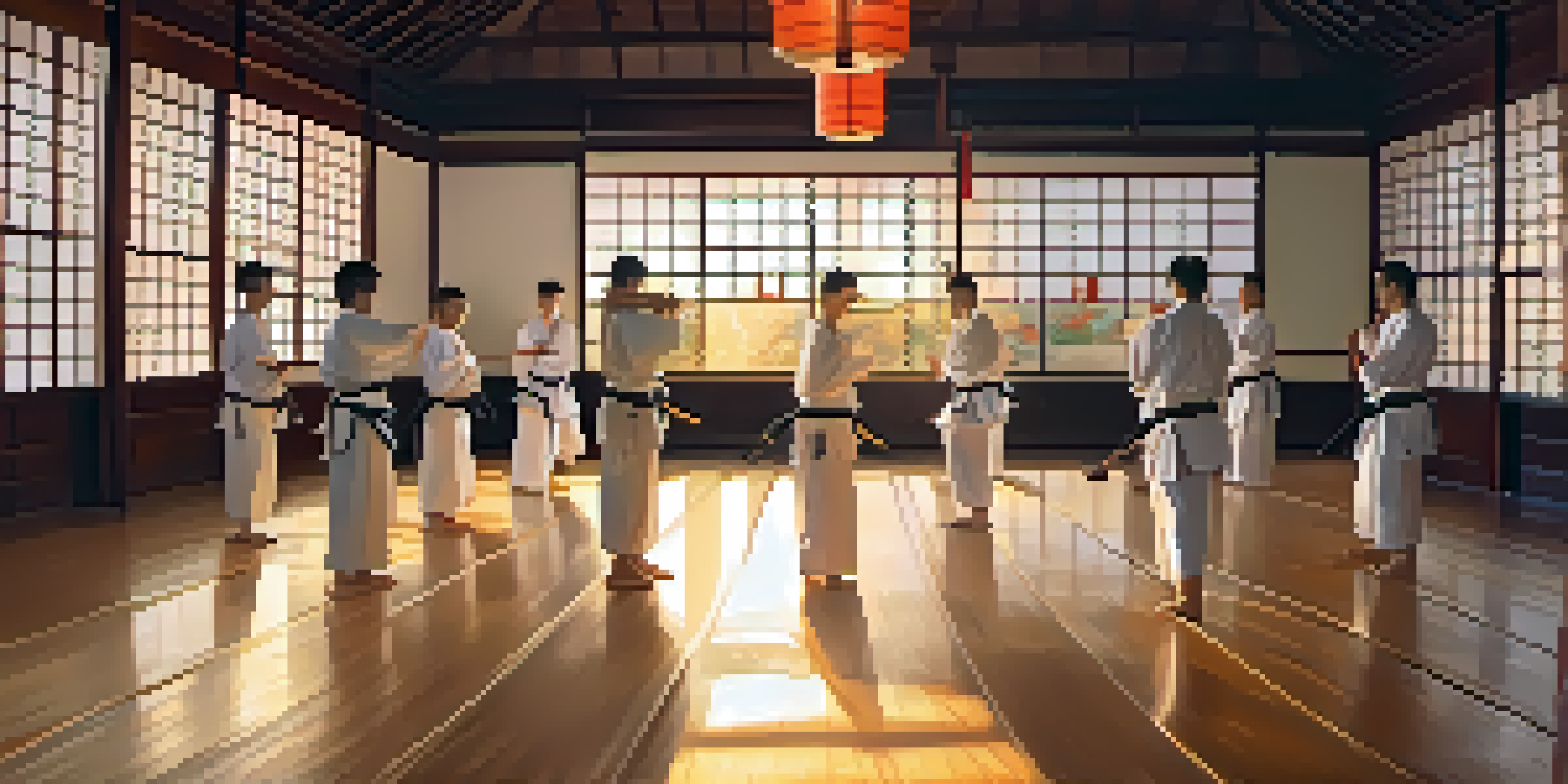 A peaceful martial arts dojo with practitioners practicing forms at sunset, surrounded by calligraphy and memorabilia.