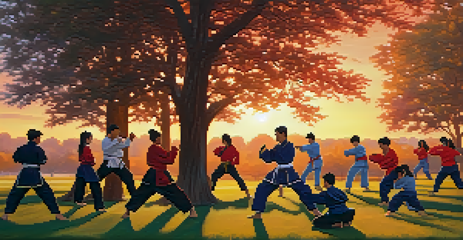 Students practicing kickboxing in a park during a vibrant sunset.