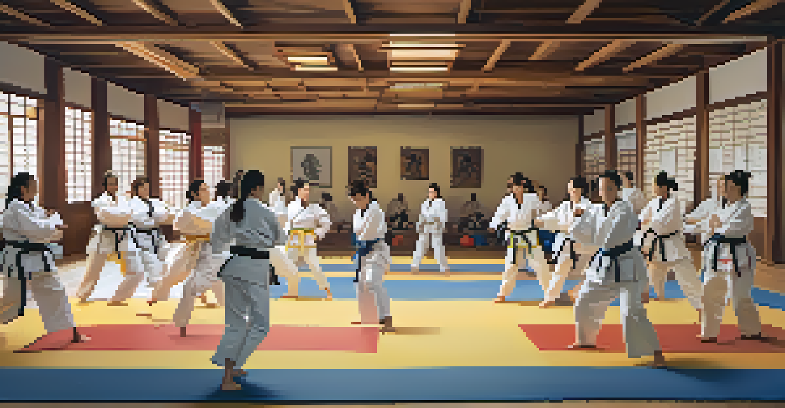 Diverse female martial artists practicing Judo in a bright dojo, showcasing teamwork and empowerment.