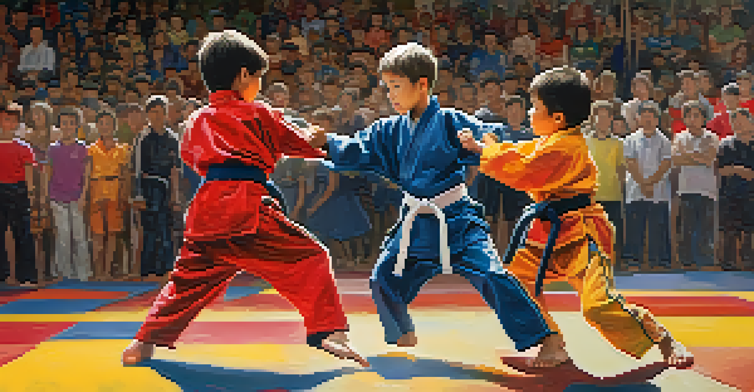 Two children compete in a martial arts tournament, showcasing their skills while an enthusiastic audience cheers in the background.