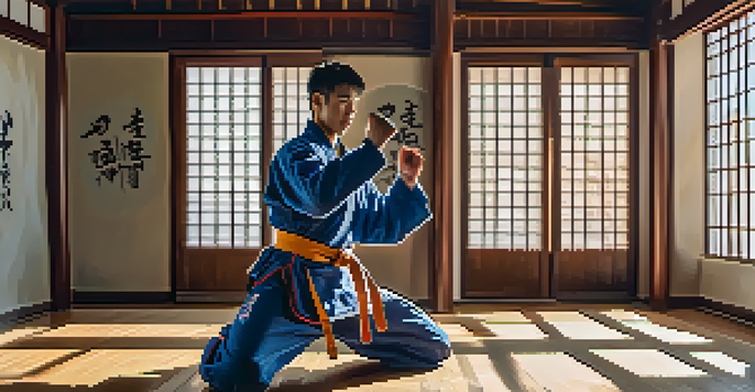 A martial arts practitioner executing a high kick in a dojo, with sunlight streaming through windows and shadows on the floor.