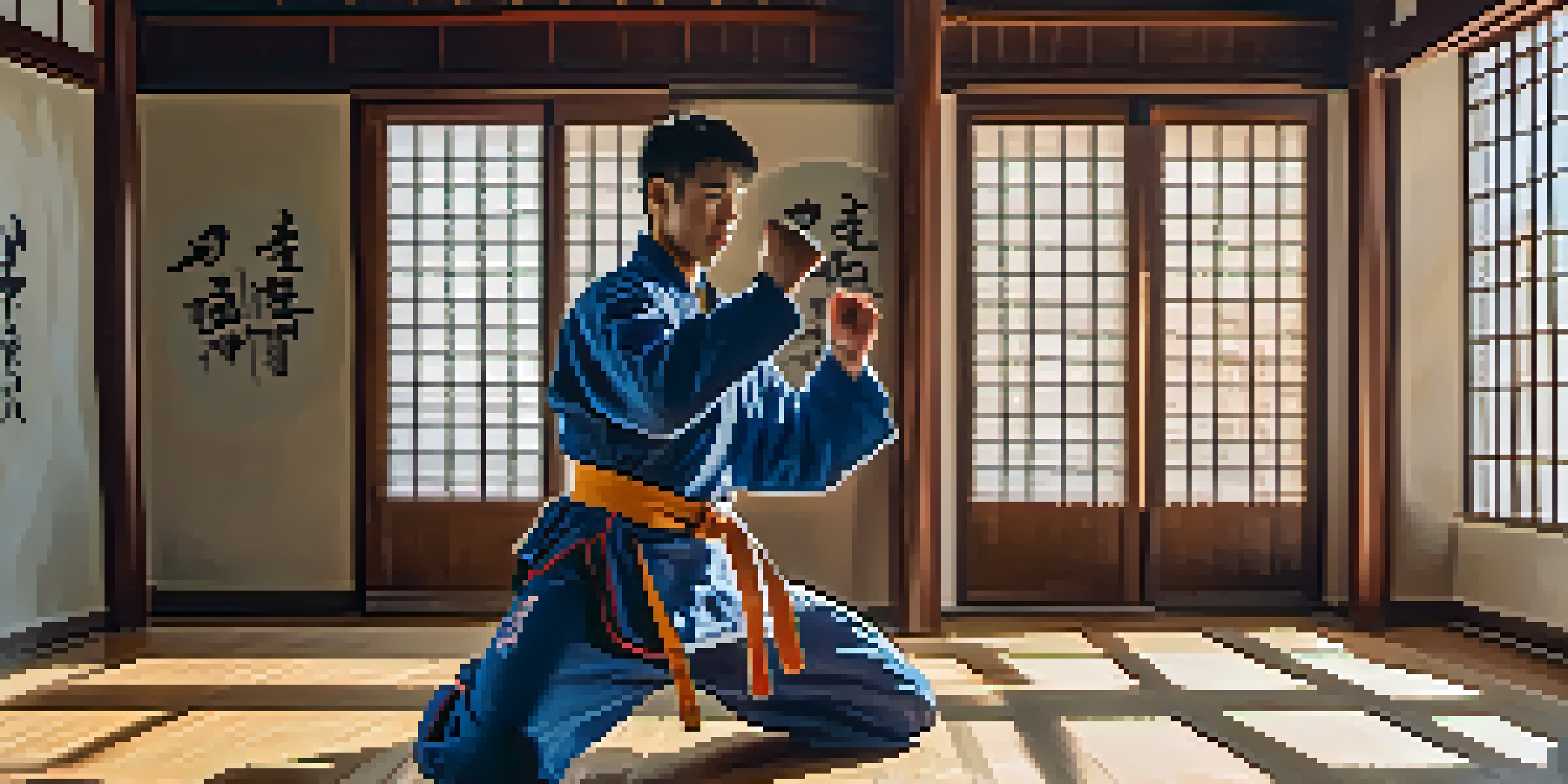 A martial arts practitioner executing a high kick in a dojo, with sunlight streaming through windows and shadows on the floor.