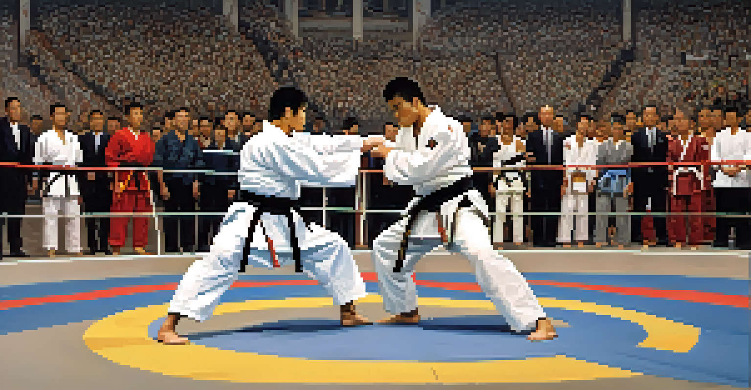 Two martial arts competitors bowing to each other before their match in a competition arena.