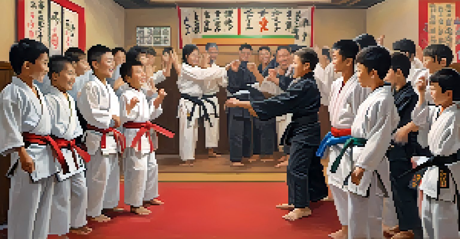 Students in a dojo celebrating a teammate's achievement of earning a new belt, with a joyful and supportive atmosphere.