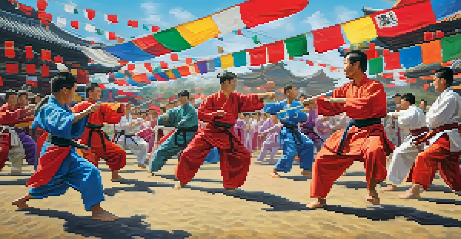 A lively martial arts festival with practitioners showcasing various skills, surrounded by colorful banners and an enthusiastic crowd.